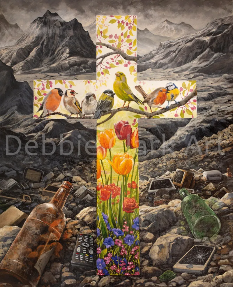 Forever Through the Cross: A scrap heap desolate landscape and a cross. Though the cross are some colourful birds and flowers.