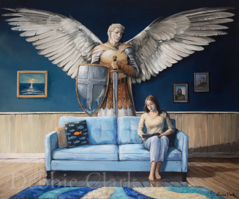 Heavenly Protection: A warrior angel standing guard over a woman reading on her sofa.