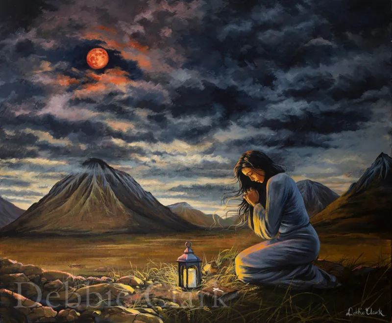 Under A Blood Red Moon: A woman kneeling in prayer in a dark landscape with a blood moon in the sky.