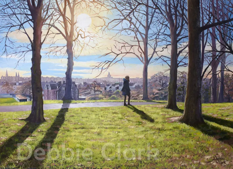Winter Sun in Inverleith Park, oil painting by Debbie Clark