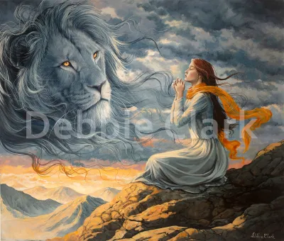 The Lord's Thoughts of You: A woman in deep prayer on a mountain top with the Lion of Judah (Jesus Christ) in the sky before her.