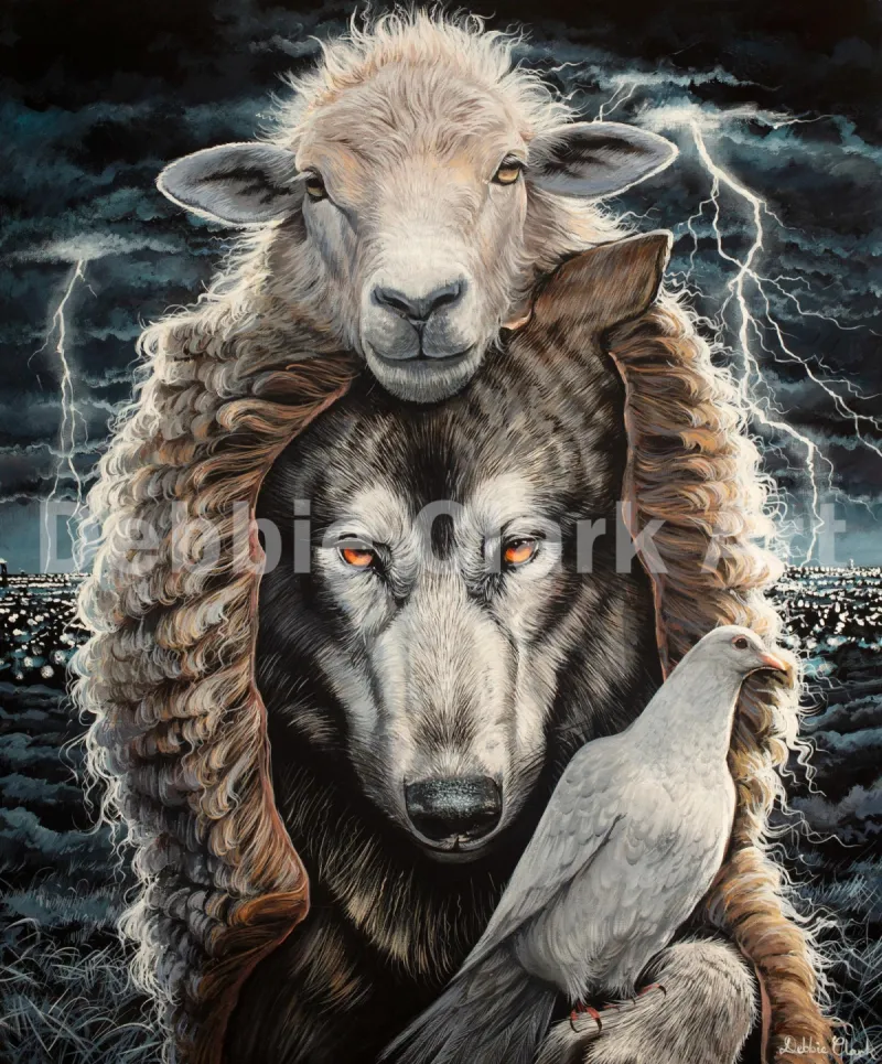 Wolf in Sheep's Clothing: A wolf holding a white dove to symbolise a false peace and wearing a sheep's skin.