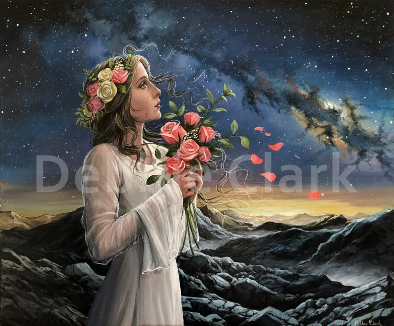 Waiting For The Bridegroom: A woman with pink roses in her hair and holding a wedding bouquet looking up to the night sky.