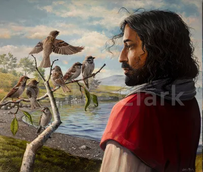 Many Sparrows: A portrait of Jesus Christ looking at some sparrows sitting on a branch.