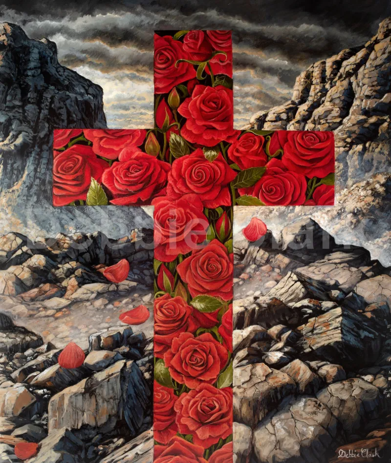 The Cross of Love: A Christian cross filled with red roses contrasted against a desolate land symbolising life through the cross and the blood of Jesus that atones for our sins.