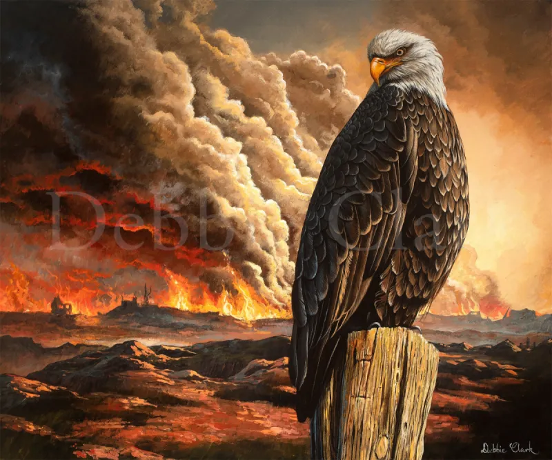 Signs of The End: A bald eagle representing America against a backdrop of fire and explosions.