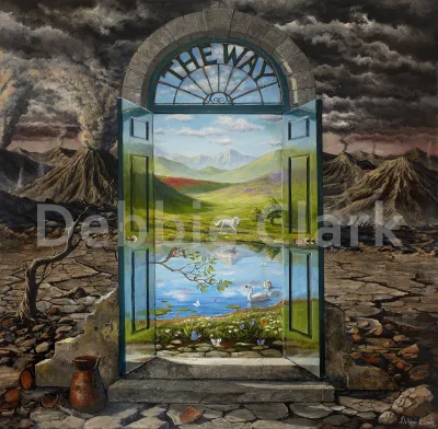 The Way: A door in a desolate, post apocalyptic land. The scene through the door is heavenly.