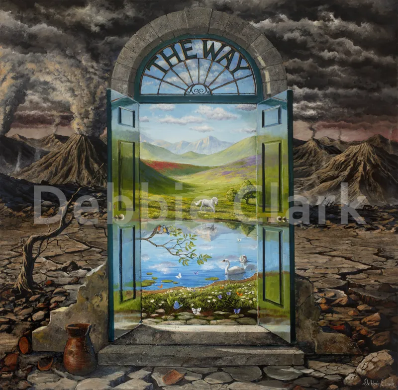 The Way: A door in a desolate, post apocalyptic land. The scene through the door is heavenly.