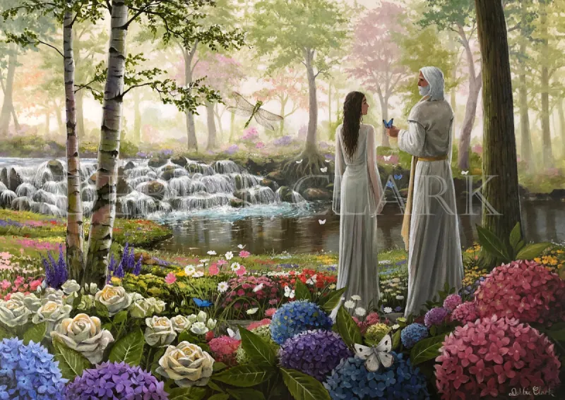 Walking in Eden: A woman walking with God in the garden of Eden.