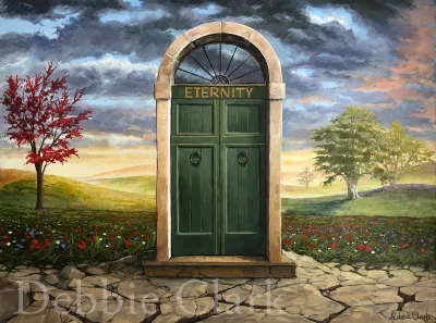 The Only Door: An isolated front door with eternity written on it, place on the edge of a meadow.