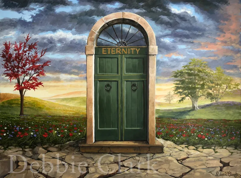 The Only Door: An isolated front door with eternity written on it, place on the edge of a meadow.