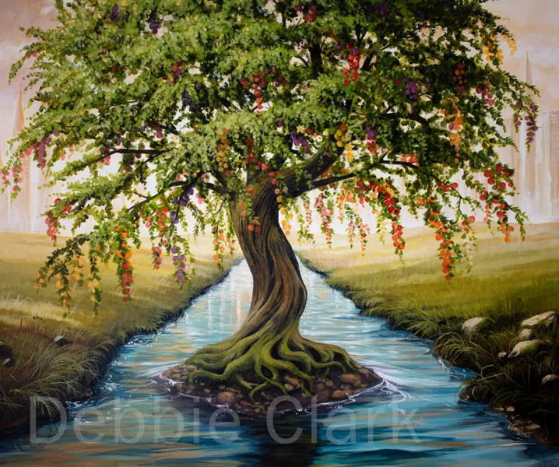 Tree of Life: The Tree of Life centred in a river with fruit of many colours.