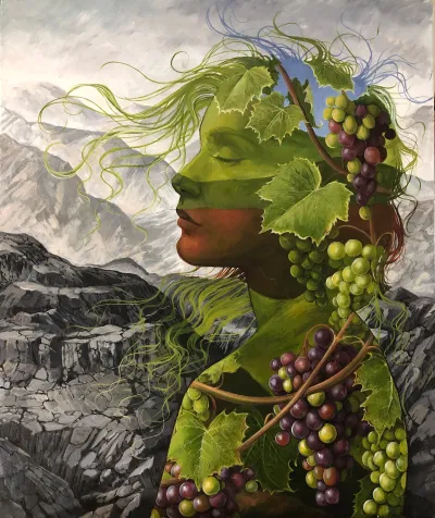 Abiding in The Vine: A surreal scene with a rocky desolate background. A silouette of a figure containing grape vines.