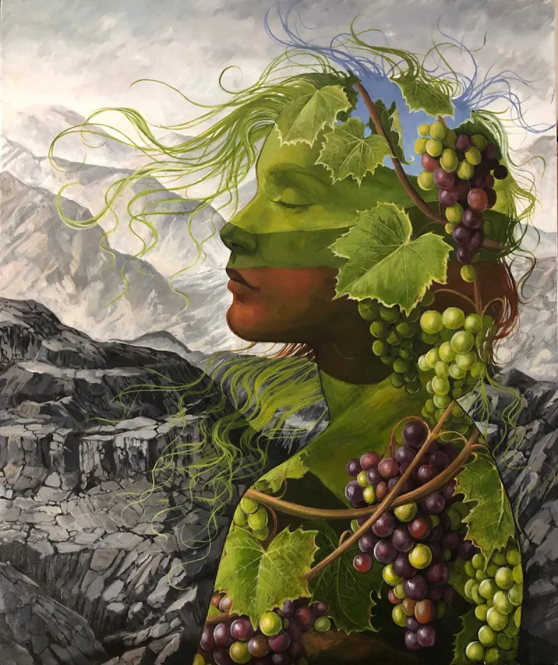 Abiding in The Vine: A surreal scene with a rocky desolate background. A silouette of a figure containing grape vines.