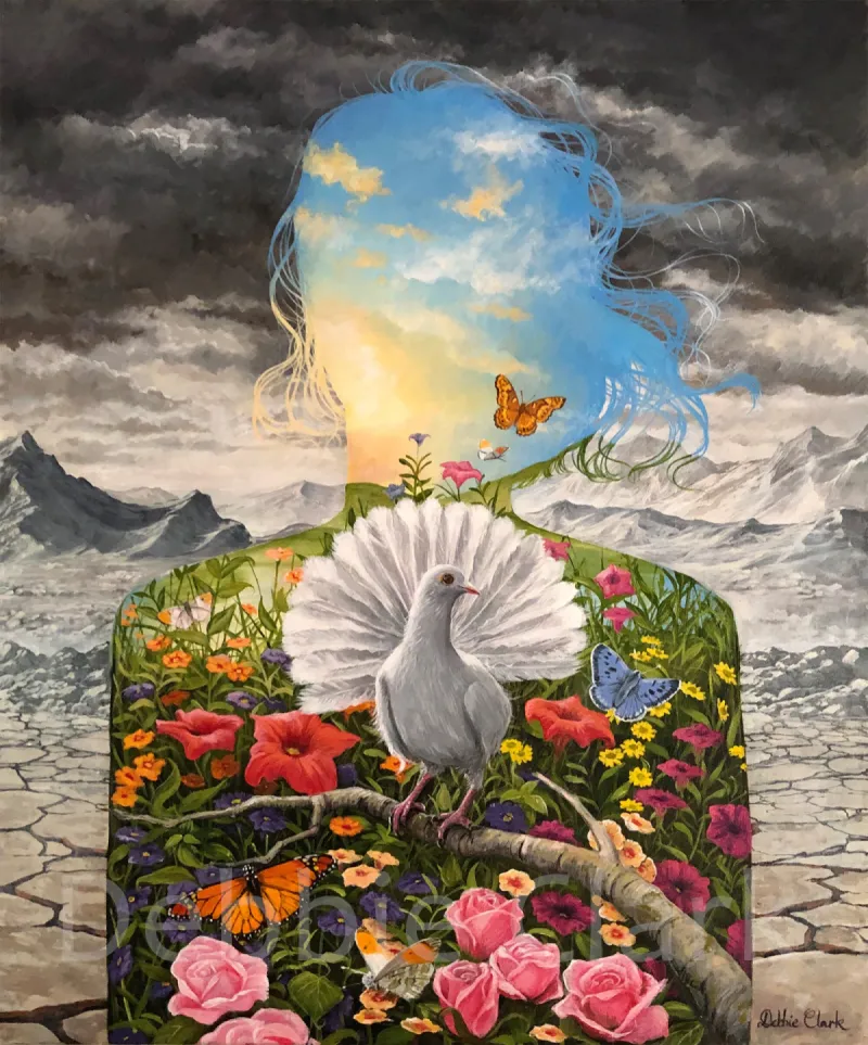 Born Again: A silhouette containing a white dove and flowers contrasted against a desolate rocky background.