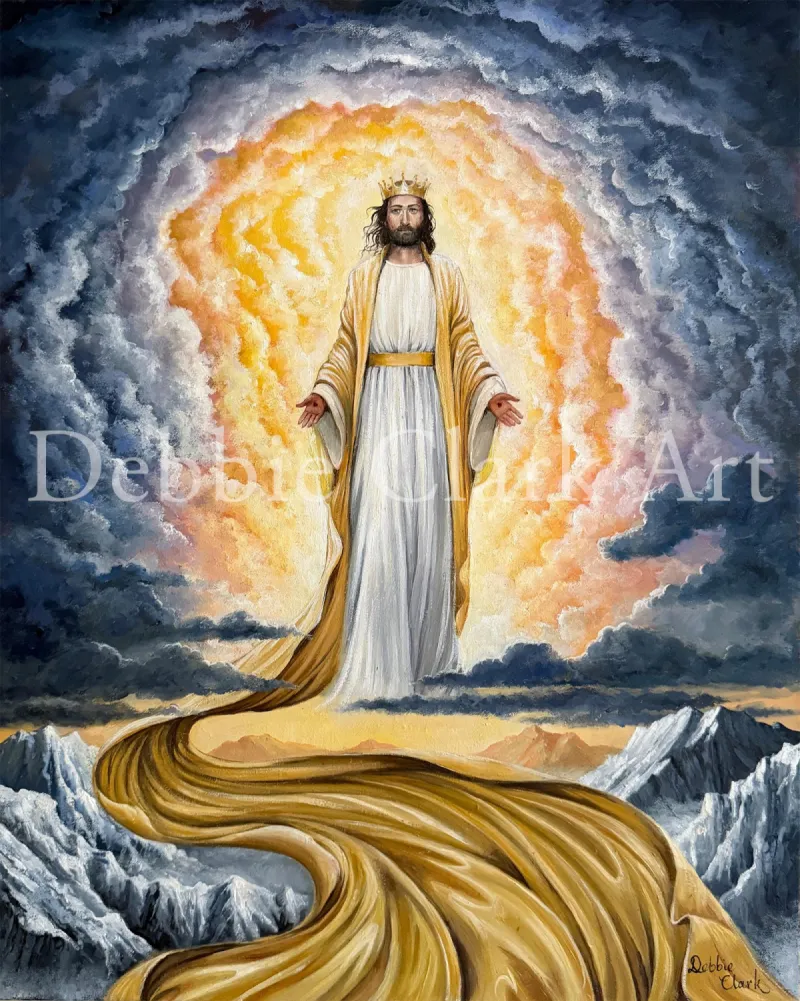 Jesus Coming on The Clouds: Jesus Christ wearing a crown, amber and violet and blue clouds, a long gold train, icy mountain tops.