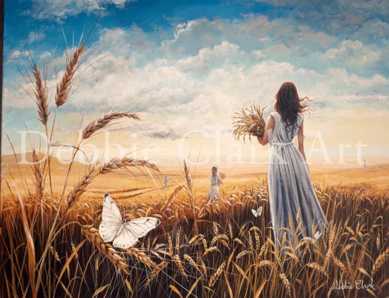 The Harvesters: An original oil painting. Featuring wheat fields, harvesters and a white butterfly.