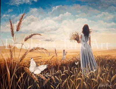 The Harvesters: An original oil painting. Featuring wheat fields, harvesters and a white butterfly.