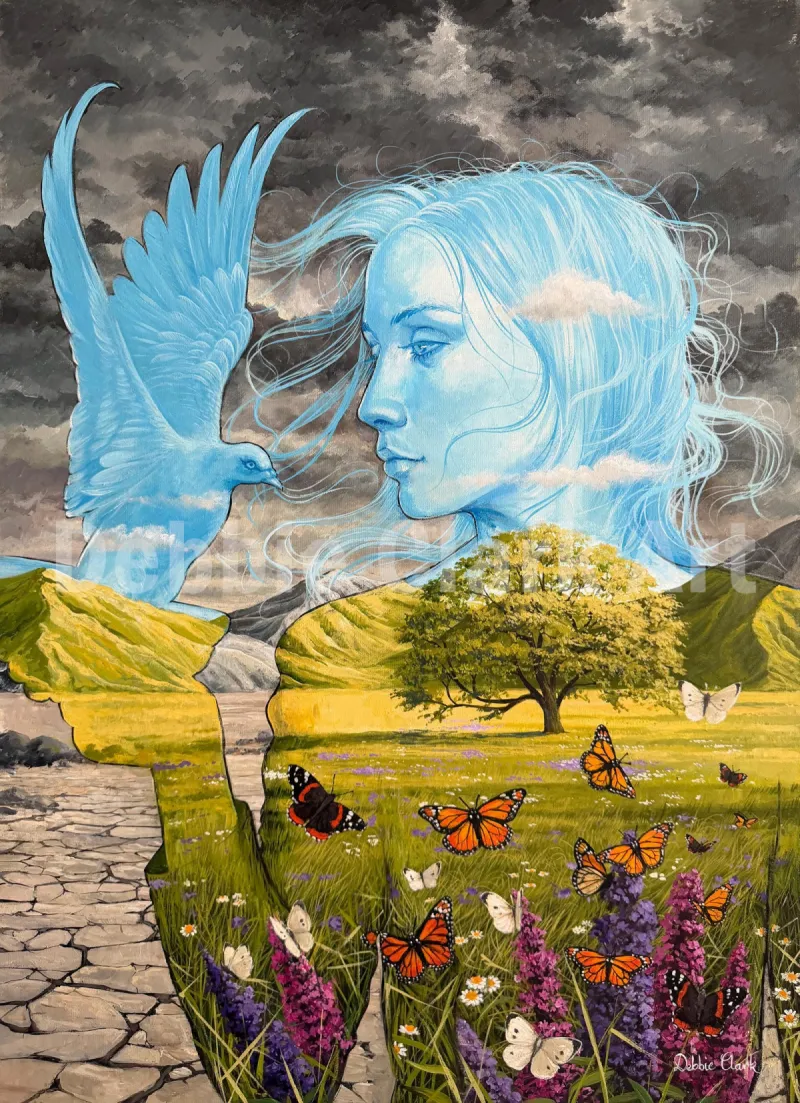 Wisdom: A surreal painting of lifeless landscape with the silhouette of a woman. Within the silhouette there is green grassy landscape, a tree, flowers and butterflies.