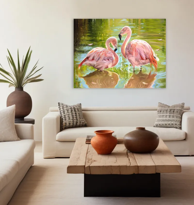 Flamingos in Love: Two pink flamingos in water.