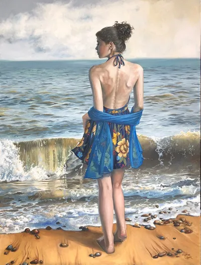 Lady By The Sea: An evocative original oil painting of a woman on the beach with crashing waves.