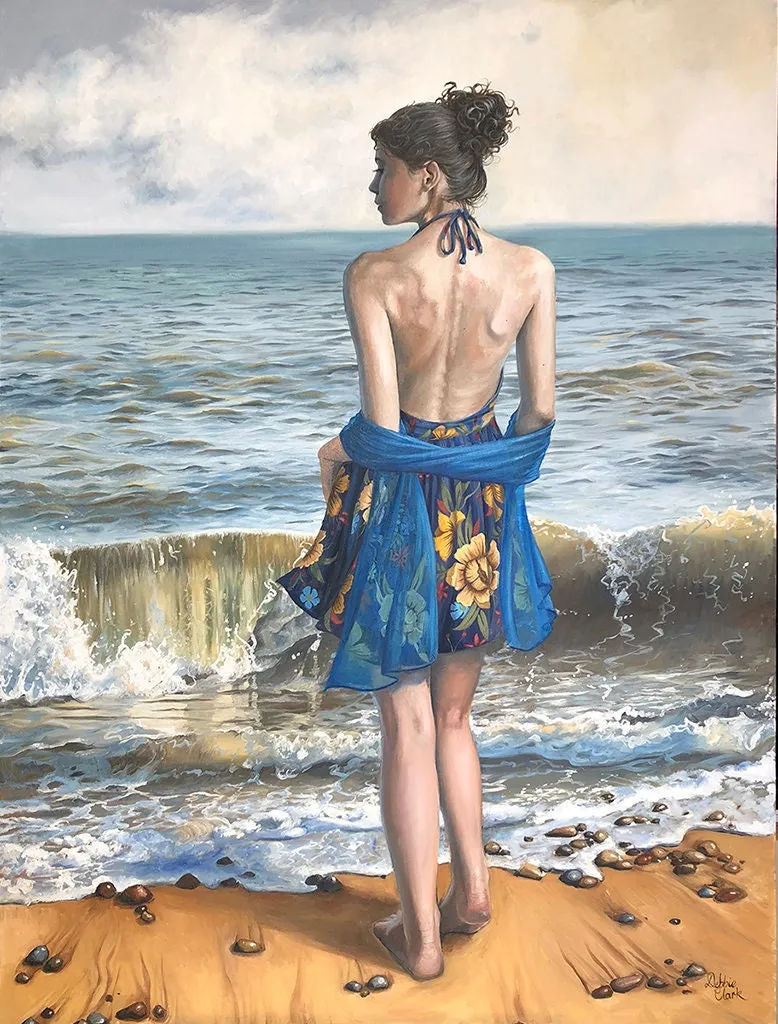 Lady By The Sea: An evocative original oil painting of a woman on the beach with crashing waves.