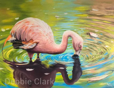 Flamingo in the Water: A pink flamingo wading in water with ripples of pink and green.