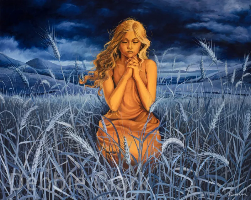 Praying in the Wheatfield: Woman in prayer Wheatfield Indigo and orange colours.