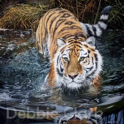 Tiger in Water, oil painting by Debbie Clark