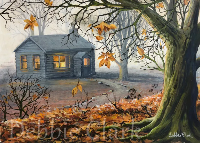Cosy Cabin in the Woods: Dimensions: 29cm x 39.5cm Materials Used: Acrylic paints on 300gsm paper. This artwork is unframed.