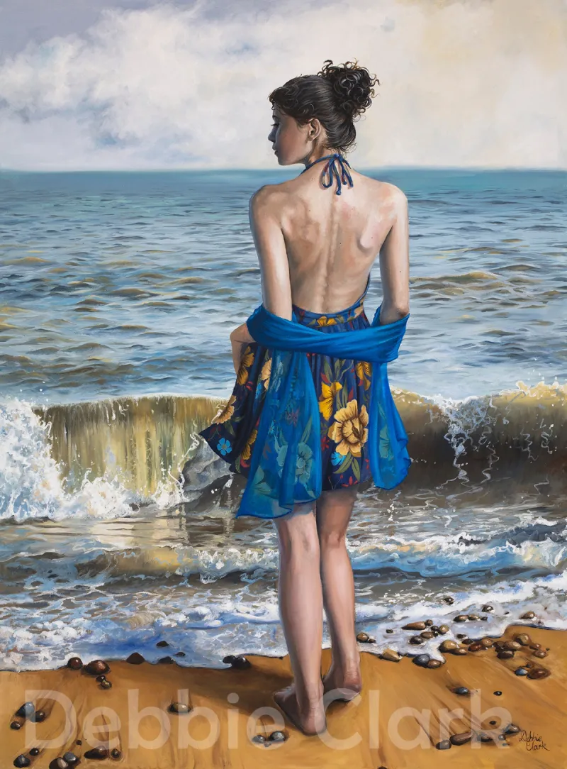 Lady by the Sea: An evocative original oil painting of a woman on the beach with crashing waves.