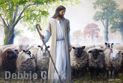 The Good Shepherd: Jesus Christ as a shepherd with his flock of sheep.