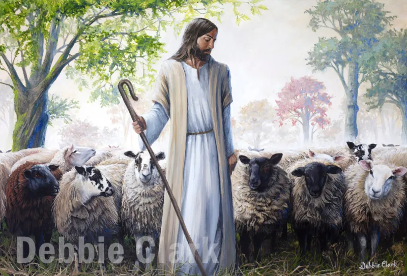 The Good Shepherd: Jesus Christ as a shepherd with his flock of sheep.