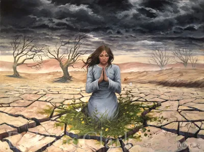 Healing the Land: A woman in fervent prayer in an apolcalyptic landscape with a stormy sky and dry cracked land.