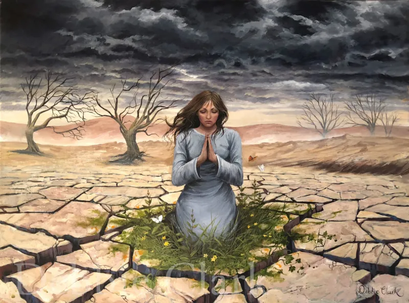 Healing the Land: A woman in fervent prayer in an apolcalyptic landscape with a stormy sky and dry cracked land.