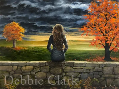 Waiting for God: A woman sitting on a wall with her back to us looking out onto an autumnal landscape.