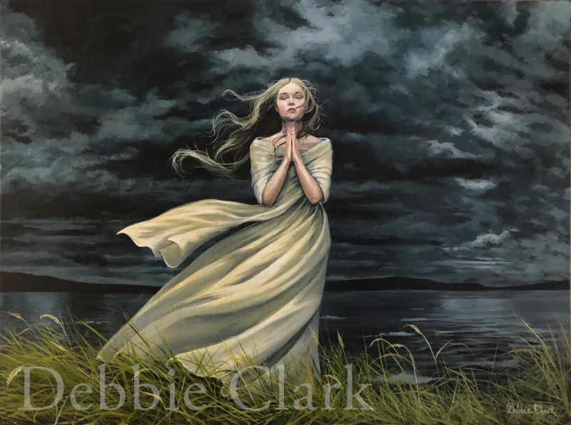 The Blessed Hope: A woman in a dark landscape praying fervently with supernatural hope. She is wearing a white dress representing the Bride of Christ.