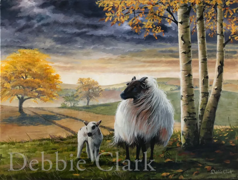 The Sheep and the Lamb: Sheep and a lamb in an autumnal landscape.