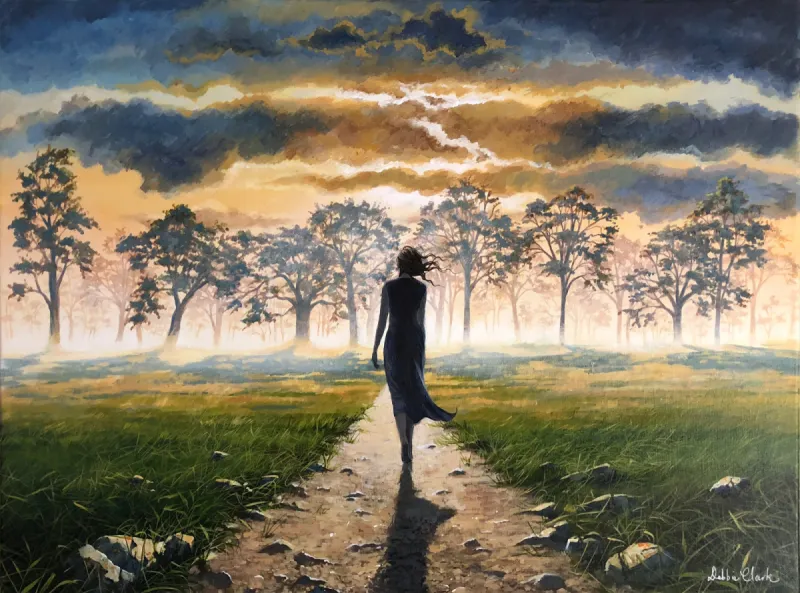 The Path: A woman walking along a straight path towards something powerful.