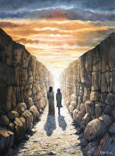 Valley of the Shadow of Death: A female figure walking alongside Jesus Christ in a rocky valley.