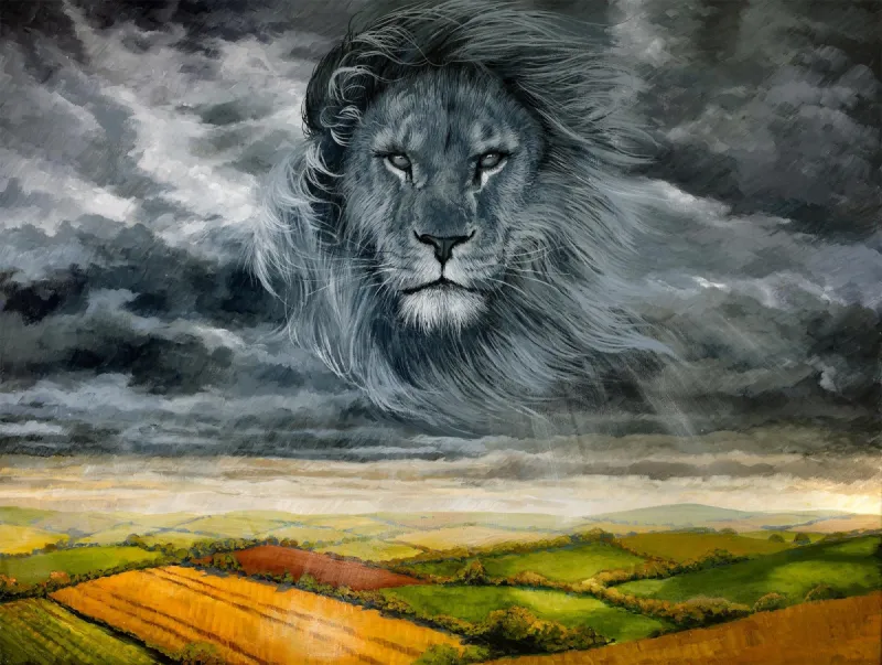 The King of Kings: A lion emerging in the clouds over a countryside landscape.