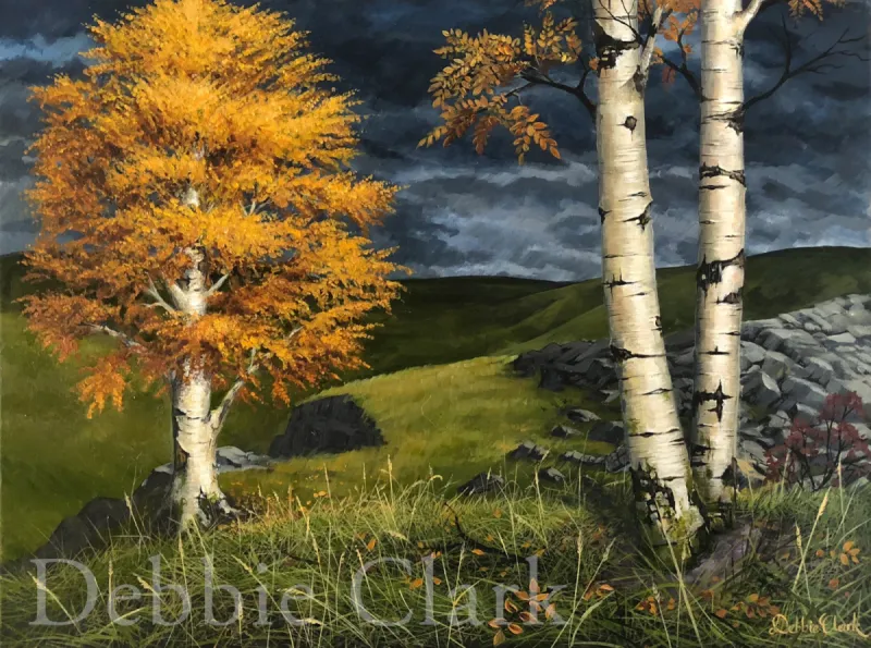 Autumn Silver Birch: Autumn is my favourite season with it's stunning colours. This, one of a kind, painting features the golden leaves of silver birch trees during this season in a very Scottish landscape.