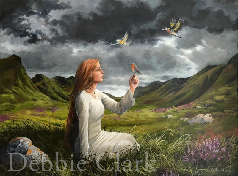 Ask the Birds: A woman in a white dress in a Scottish landscape with mountains and heather. She is hold a robin as other birds fly around her.