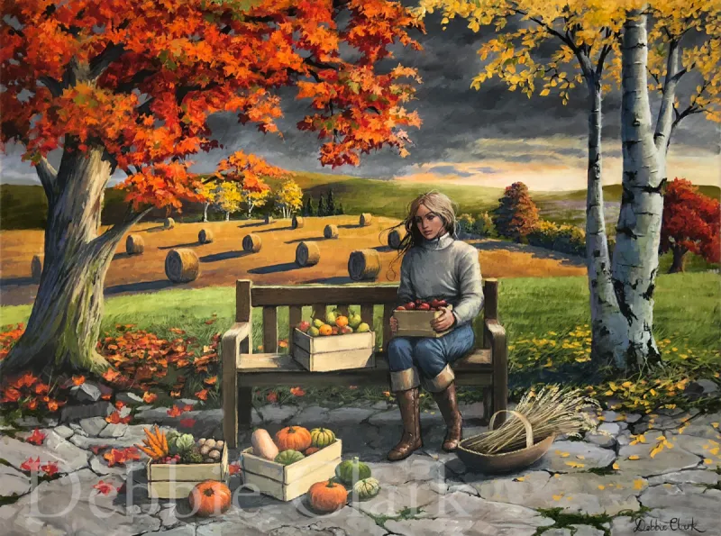 The Gathering: Hay bales, pumpkins, boxes of autumnal fruit and vegetables, a woman on a park bench, autumn trees, vibrant colours.