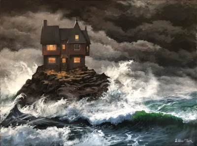 House Built on a Rock: A inhabited house safely placed high on a rock surrounded by stormy seas and clouds.