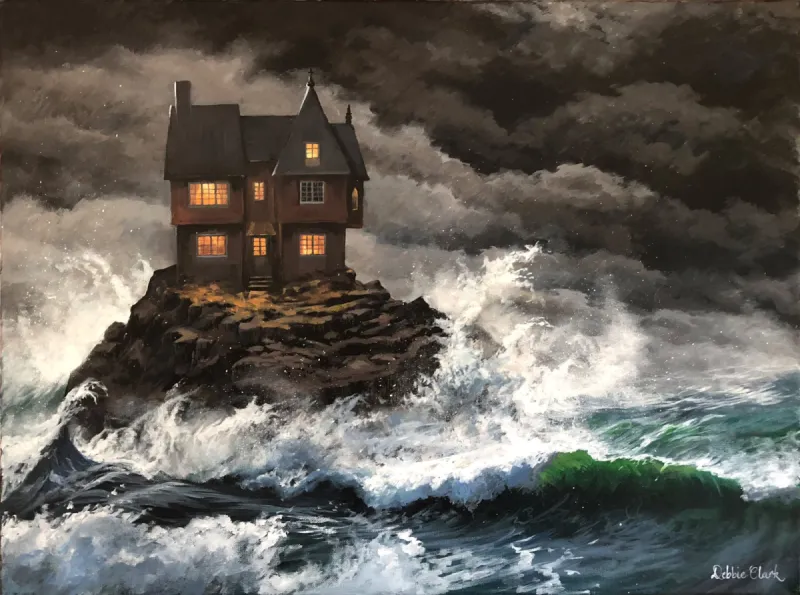 House Built on a Rock: A inhabited house safely placed high on a rock surrounded by stormy seas and clouds.