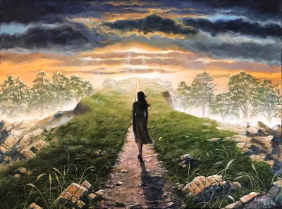 The Narrow Path: A woman walking along a straight path towards something full of light and power.