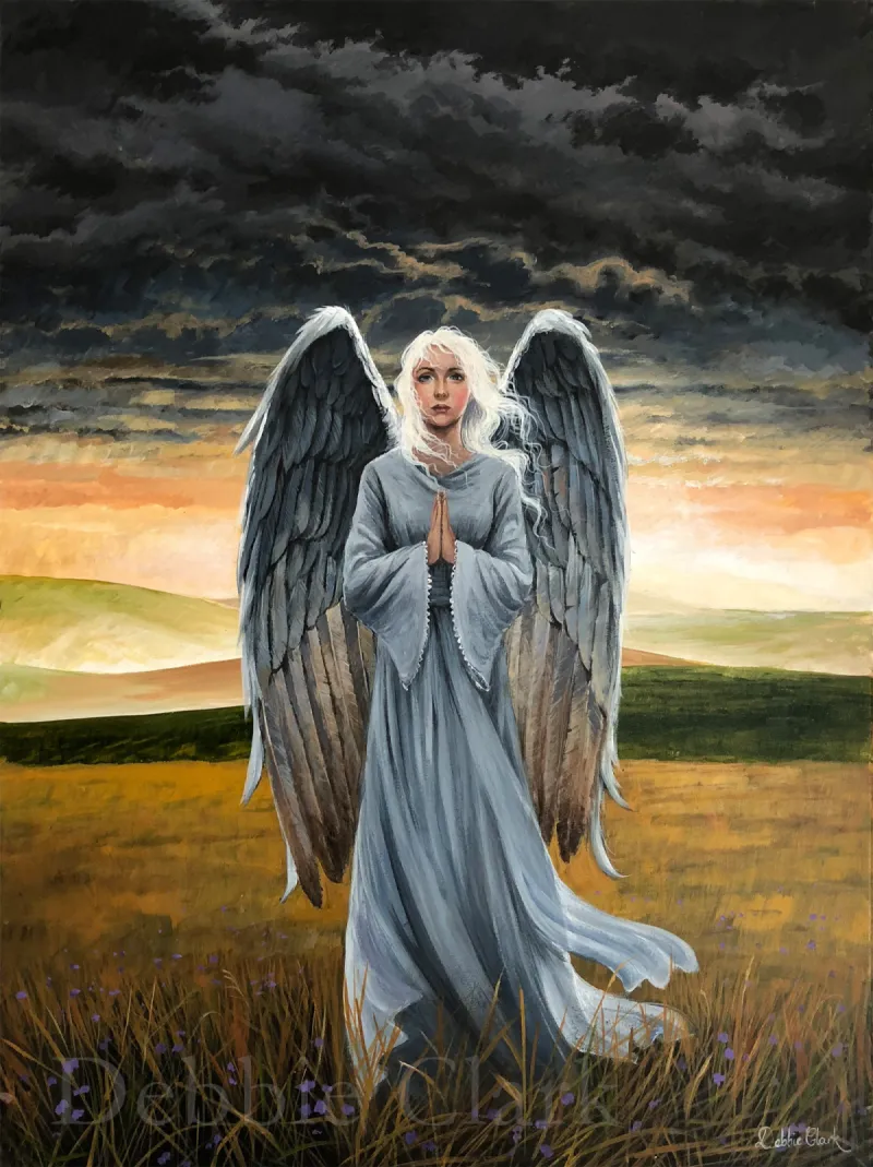 The Harvest Angel: A praying angel standing in a field under stormy clouds.