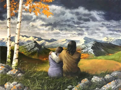 Blessed: Lord Jesus Christ comforting one of his followers in the presence of a beautiful mountainous landscape.