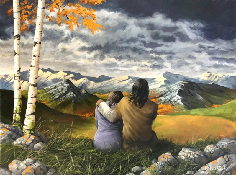 Blessed: Lord Jesus Christ comforting one of his followers in the presence of a beautiful mountainous landscape.